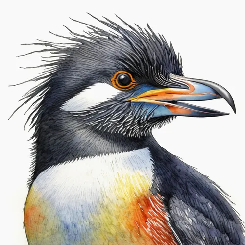 Watercolour sketch of a rockhopper penguin Art by Frits Ahlefeldt,pyrrhocorax graculus,calyptorhynchus banksii,pteroglosus aracari,charadriiformes,parus caeruleus,haliaeetus pelagicus,haliaeetus leuco