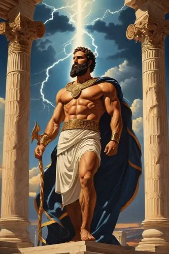 Majestic god, ancient Greek style, ornate beard, golden laurel wreath, divine white toga, powerful muscular physique, strong jawline, piercing blue eyes, holding lightning bolt, standing on Mount Olym