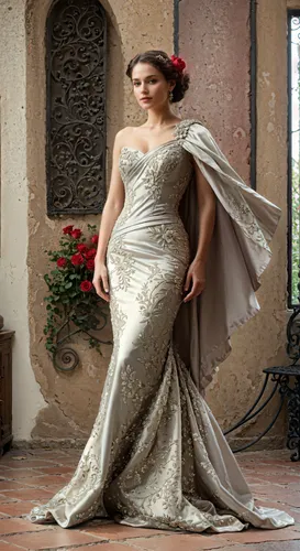 a woman in a silver floor-length evening gown with a mermaid silhouette and a one-shoulder cape,quinceanera dresses,inbal,evening gown,evening dress,siriano,evening wear