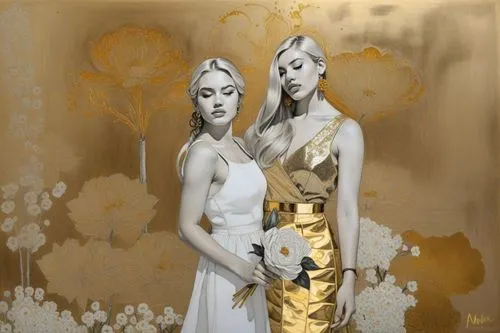 two women standing in front of a painting,gold paint stroke,blossom gold foil,gold foil art,damask background,pop art effect,jerrie