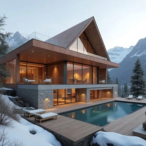 A hyper-realistic, high-resolution architectural photograph of a luxurious, alpine-style modern villa nestled in a mountainous landscape. The home features a prominent A-frame roof and is constructed 
