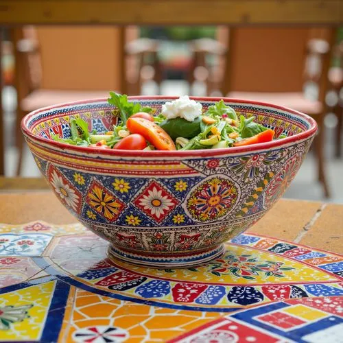 A colorful ceramic bowl with intricate hand-painted floral patterns in bold reds, blues, and yellows, inspired by Mediterranean designs. The bowl is filled with a lively mix of salad greens, cherry to