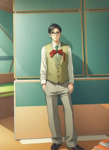 a man with glasses standing in front of a green wall,schoolteacher,classroom,teacher,schoolroom,hirotaka,schoolrooms,class room,classrooms,classroom training,salaryman,schoolkid,examination room,profe