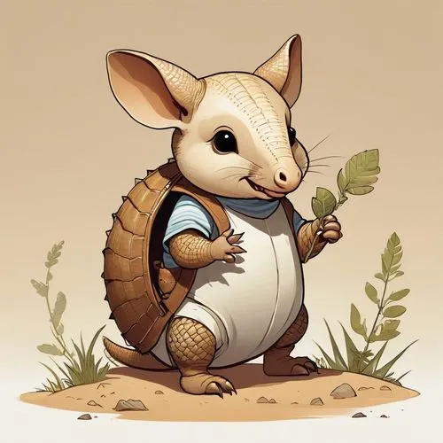 A baby armadillo,an animal holding a plant and wearing a vest,dwarf armadillo,armadillo,straw mouse,pygmy,acorns,peter rabbit,adventurer,bugbear,land snail,shelled gastropod,acorn,gerbil,shrew,prickle