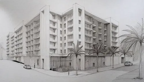 a pencil drawing of a el next to trees,facade painting,street plan,redevelop,condominium,block of flats,apartments,apartment building,apartment buildings,edifices,white buildings,maisonettes,an apartm