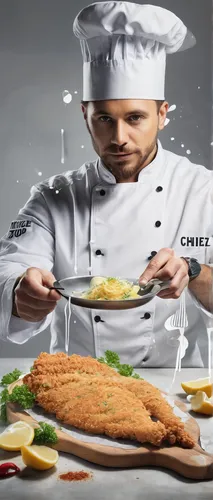 Create a story about a chef who discovers the secret ingredient for the perfect chicken schnitzel.,chef,men chef,chef's uniform,chef hat,chef's hat,chef hats,cuisine of madrid,chefs kitchen,cooking bo