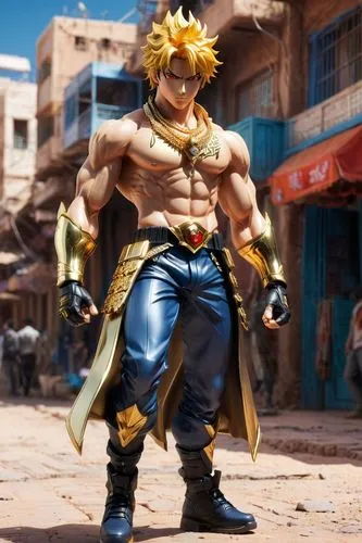 A handsome anime adventure boy wearing gold jewelry walking on the streets of the city in Western Sahara, made by artgerm, exquisite details, popular on artstation, 8k, smooth motion, amazing shadows,