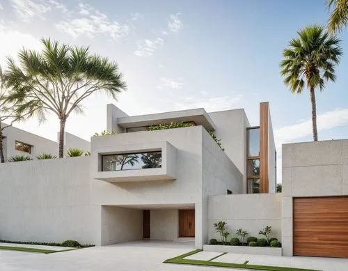 A photo-realistic rendering of a modern, minimalist house with a contemporary design. the house is a two-story building with a neutral color palette, featuring large windows and a large glass window o