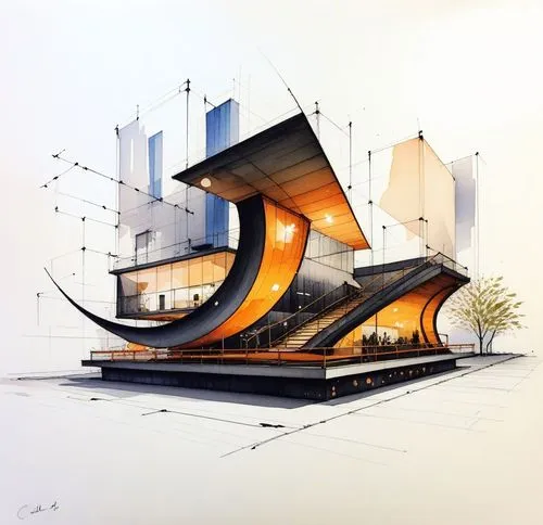 a drawing of a house with stairs in the middle,crown render,prefab,futuristic architecture,futuristic art museum,principality,prefabricated