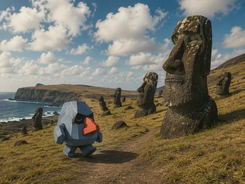 pokémon nosepass walking on easter island
,a bunch of strange statues on a hill,pancake rocks,stone balancing,hermits,megaliths,stone statues,an island far away landscape,rock formation,rock balancing