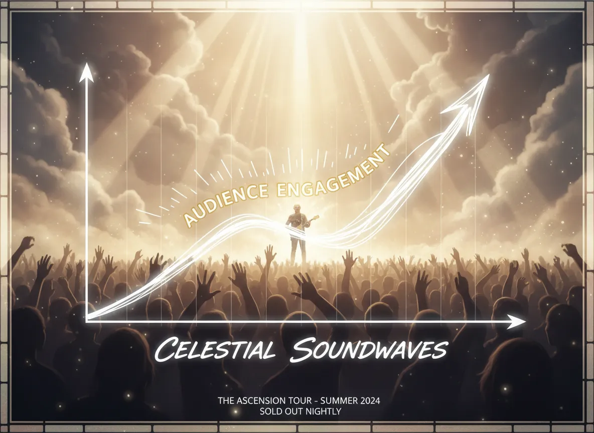 एक कॉन्सर्ट पोस्टर पर एक एनालिटिक्स ग्राफ़ जिसमें दिव्य प्रकाश प्रभाव है, जो दर्शकों की सहभागिता में ऊपर की ओर की प्रवृत्ति दिखा रहा है।