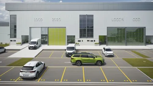 “Render arquitectónico de un edificio administrativo moderno ubicado en un parque industrial. El diseño del edificio, de tres niveles, en interior se observan personas interactúando, combina una estru