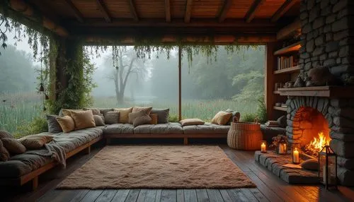 Wetland cabin, cozy interior, wooden walls, stone fireplace, plush cushions, woven baskets, vintage lanterns, moss-covered roof, misty windows, serene atmosphere, foggy morning, soft warm lighting, na