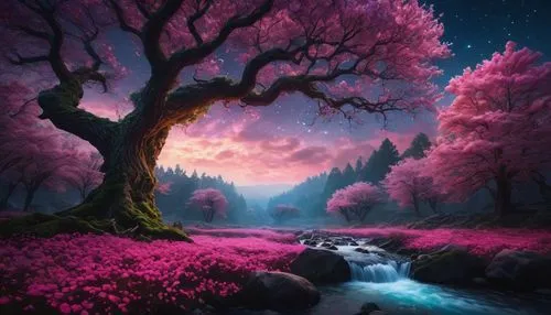 magical night sky, ethereal forest, glowing stream, soft lighting, beautiful scenery, masterpiece, high quality, stunning graphics, extremely detailed, grand landscape, garden, flowers, clouds, night 