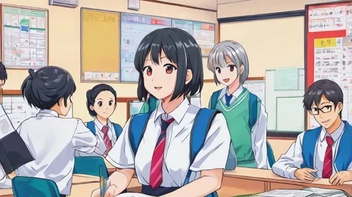 anime art Style Illustration Description, the sound of classroom communication and the teacher’s explanation,azusa nakano k-on,class room,typesetting,classroom,classroom training,anime cartoon,examina