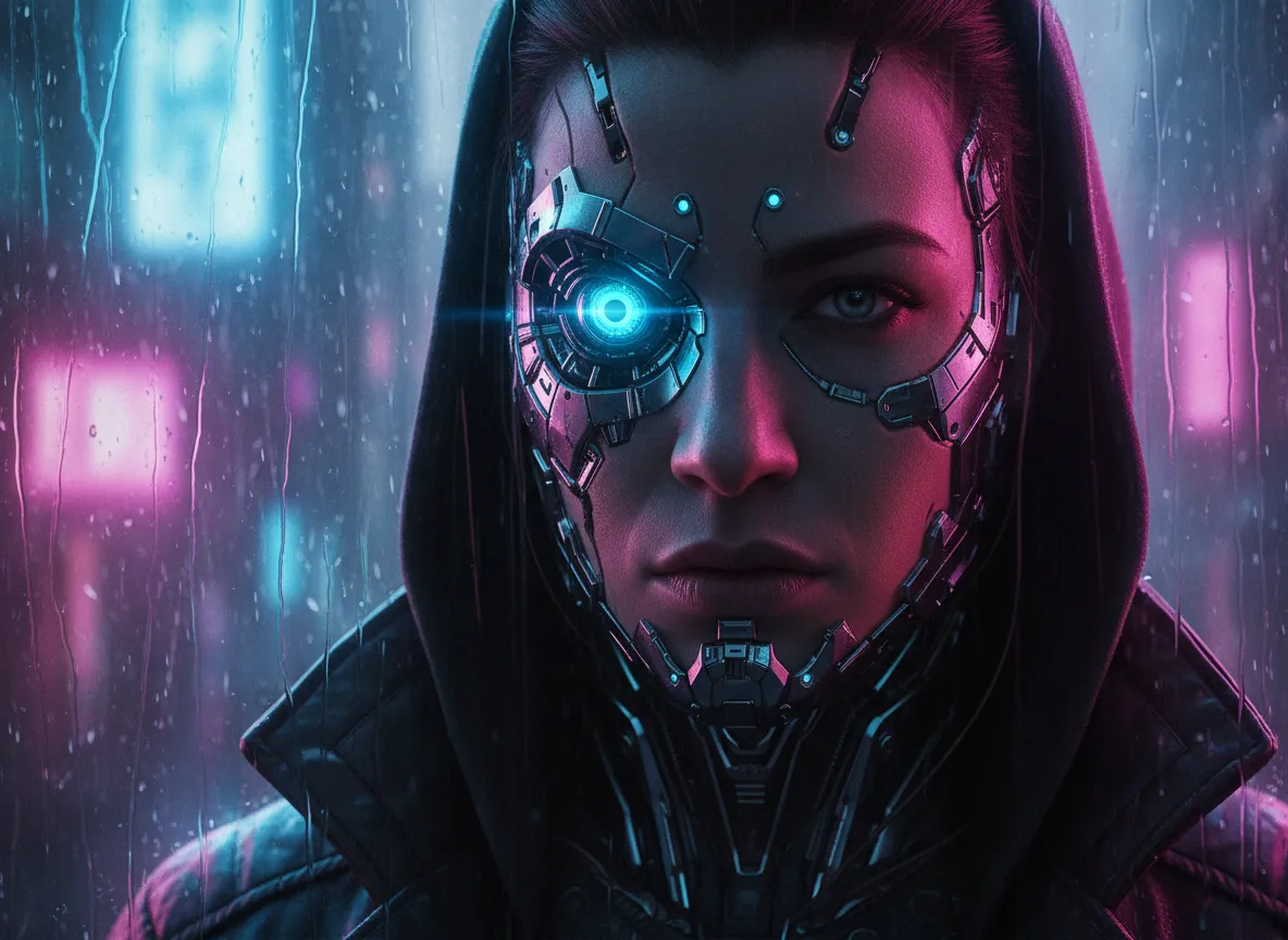 Ein Nahaufnahme-Porträt eines Cyberpunk-Charakters mit kybernetischen Implantaten, dessen Gesicht dramatisch von rosa und blauer Neonbeleuchtung erhellt wird.