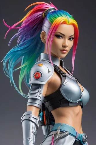 Beautiful fashion model with rainbow hair and preppy casual wear, ethereal dreamy mist, posing in a fashion pose. Kinship Magazine. Gentle smile,the toy girl is dressed as a space woman,rainbow unicor