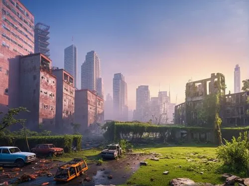 Imagen postapocalíptica hiperrealista que muestra un mundo abandonado donde la naturaleza comienza a recuperar su espacio. En la escena, se observan algunos de los edificios más icónicos de ciudades c