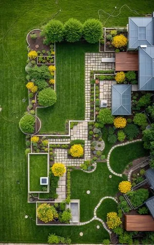 Landscape Design,roof,an aerial view of a house with a courtyard,green lawn,landscaped,bird's-eye view,gardens,view from above,landscaper,Photography,General,Realistic