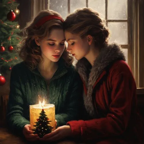 soon time, invisible beast, get sated and go away, leaving a heart without love, women, fantasy, A Christmas Story,two girls holding a lit candle in front of a window,christmas girls,christmas scene,c