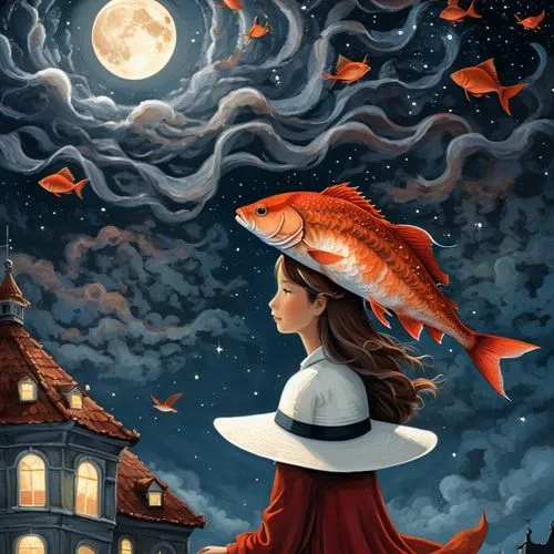 A detailed digital illustration of a great red fish in the night sky. The focal point is the large brown scales of the fish, with the human hand on the roof and the woman who wears a white hat sitting