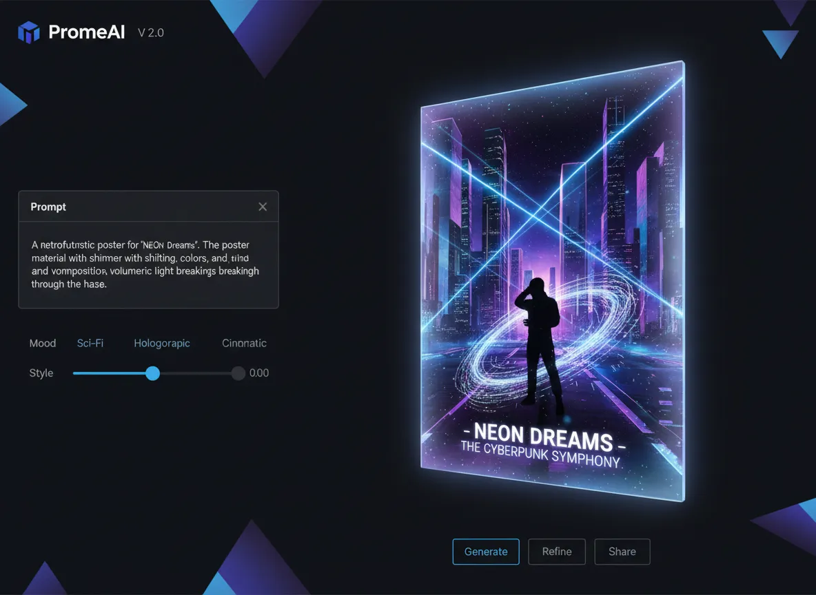 Un esempio dell'interfaccia di PromeAI che mostra il prompt di testo di un utente che specifica illuminazione e composizione per un poster olografico.