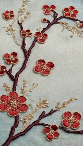 (embroidery texture red plum blossom made by threads:1.3), Spring Festival, dreamy blue, floral decor, Chinese embroidery, (Su embroidery art: 1.3), mother of pearl, beads, gold thread, small pearl st
