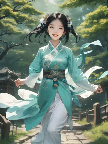 in the middle of the picture is a Chinese-style cheongsam, character design inspired by anime style, Japanese folk art, surrounded by clothing and accessories of the same style, fisheye lens, up view,