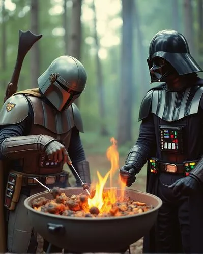 The Mandalorian and Darth Vader having a barbeque, 1990's color film, shot on a film camera


,two men in costume standing around a bbq,bbq,barbecue,overcooking,outdoor cooking,barbeque,cookoff