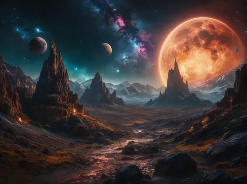 a large moon surrounded by planets and other stars,fantasy landscape,lunar landscape,alien planet,alien world,fantasy picture,space art,moonscape,astronomy,planetary,moon valley,fantasy art,valley of 