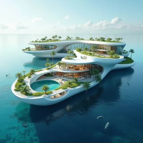 Design a futuristic floating architecture concept that harmonizes seamlessly with aquatic environments. The structure should integrate sustainable solutions for rising sea levels and water scarcity, u