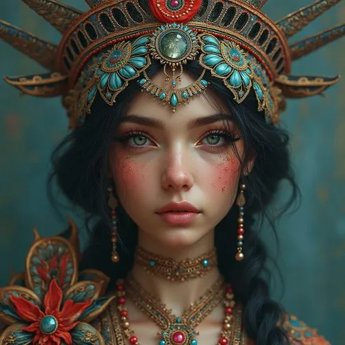 A ravishingly beautiful Miss Liberty with flawless skin and mesmerizing eyes, adorned in an elaborate, hand-beaded and embroidered outfit in a vibrant color palette, accentuated by stunning futuristic