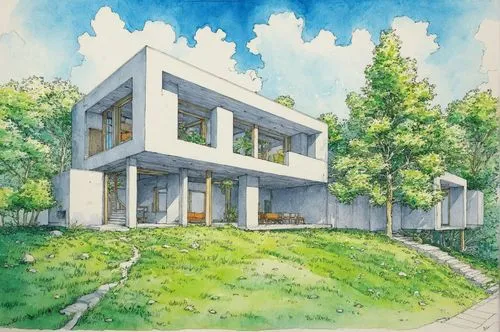 Architecture Drawing
,this house is a simple house, and it appears to be an artist's rendering,house drawing,progestogen,garden elevation,modern house,passivhaus,habitaciones,cohousing,mid century hou