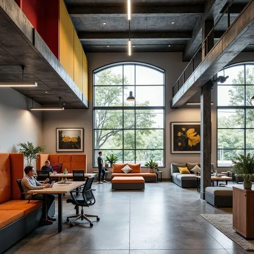 Modern office layout, open floor plan, collaborative workspaces, ergonomic furniture, adjustable desks, comfortable seating areas, acoustic panels, minimalist decor, natural light influx, floor-to-cei