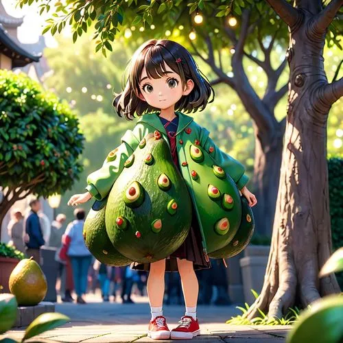 japanese style, manga, realistic,girl,avocado tree,a young woman stands near trees in a garden,pinya,kururi,bellpepper,watermelon painting,green tomatoe,himawari,Anime,Anime,Cartoon