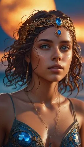 A detailed digital illustration of a girl with wet hair, her head and parts of her legs illuminated by the warm glow of the setting sun. Her eyes, adorned with a blue gem, are broken, while a mysterio
