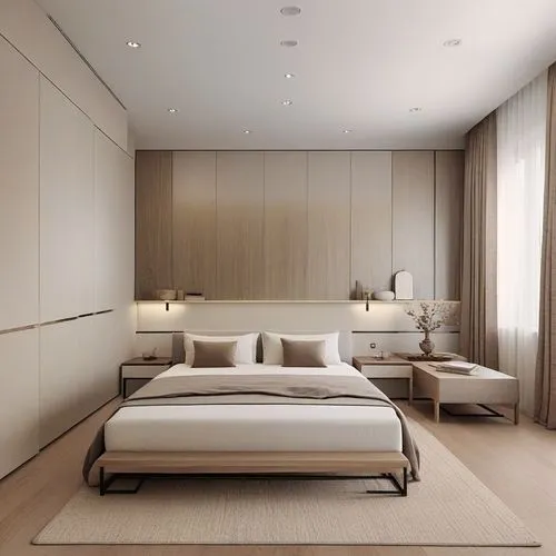 a large bed sitting under two lamps on either side of a window,prefab,bedroom,modern room,modern minimalist lounge,great room,penthouses