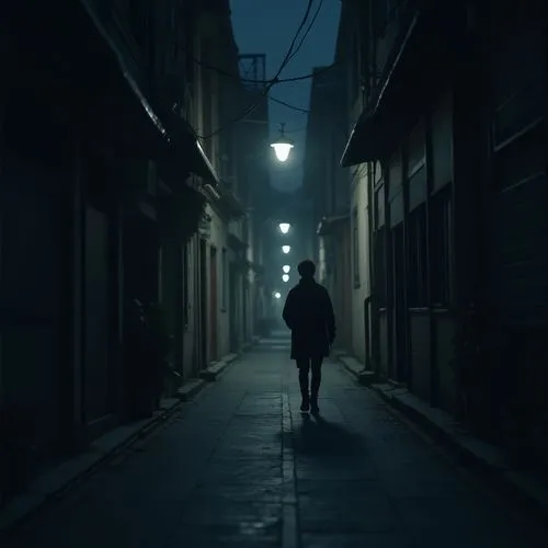 A scene of someone walking alone through a dark city alley with lo-fi music evokes a lonely yet calm feeling. The contrast between shadows and light under streetlights can be expressed softly to add t