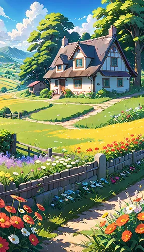 a house in the middle of a field with flowers, anime countryside landscape, beautiful anime scenery, anime nature, beautiful anime scene, anime scenery, anime landscape, anime nature wallpap, anime be