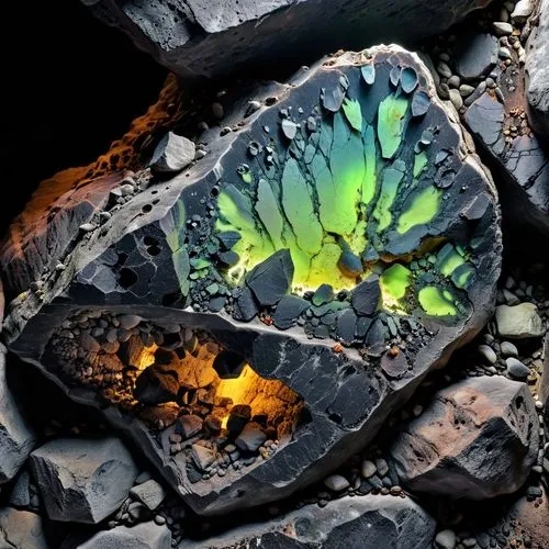 roccia spaccata , lavorata e levigata di colore nero, con all'interno minerali fluorescenti,a piece of art with some colorful colors on it,intertidal,colored rock,solidified lava,lava stones,slag,tekt