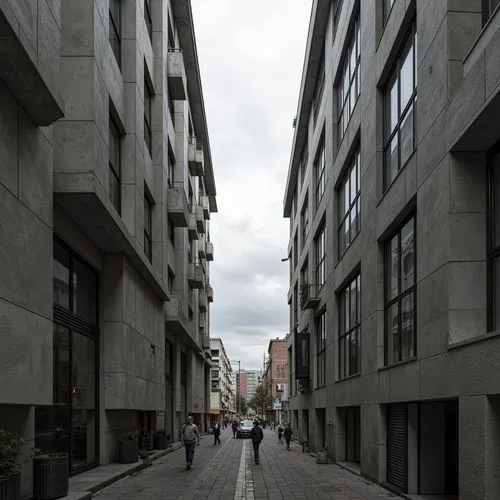 Rugged concrete buildings, brutalist facade, fortress-like structures, robust columns, angular lines, raw textures, exposed ductwork, industrial materials, functional minimalism, urban cityscape, clou