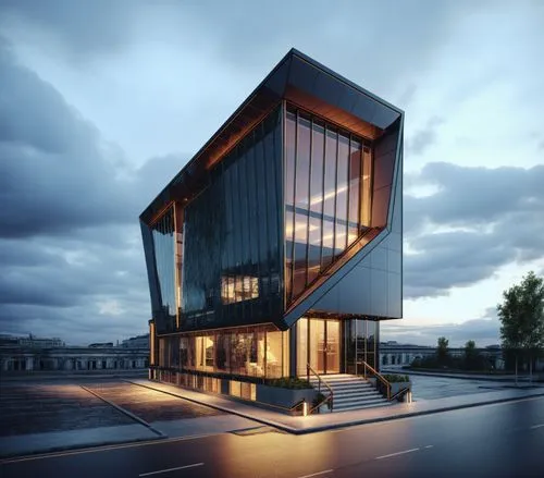 modren style commercial 3d with sharp edges and glass corner,a building that looks like it has a staircase,cubic house,cube house,snohetta,glass facade,modern architecture,glass building,arkitekter,ar