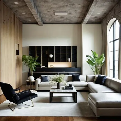 a living room with couches chairs windows and bookshelves,minotti,contemporary decor,cassina,concrete ceiling,modern decor,loft,apartment lounge,modern minimalist lounge,interior modern design,living 