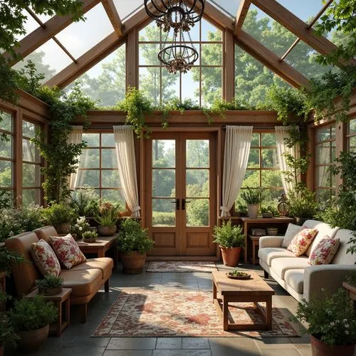Whimsical greenhouse interior, distressed wood accents, vintage garden benches, rusty metal planters, lush greenery, flowering vines, natural stone flooring, soft warm lighting, airy atmosphere, elega