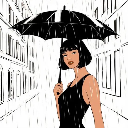 Clear line art illustration inspired by the song Umbrella. A stylish woman with a chic black bob haircut stands confidently under a sleek black umbrella. Heavy rain falls around her, but she remains c