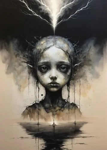 expand in each direction, charcoal painting, liquid, canvas. stain melting,  thunder lightning,a painting that has a girl and tree nches over her head,rone,royo,dream art,conjuror,dark art,melancholia