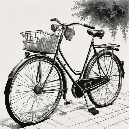 A black and white ink drawing of a classic-style bicycle, rendered with a slightly sketchy, hand-drawn aesthetic. The bicycle is shown in a three-quarter view, angled slightly to the right. The bicycl