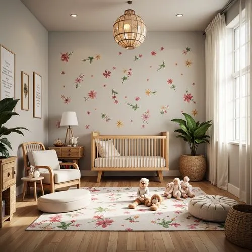 Whimsical nursery, soft pastel colors, delicate floral patterns, plush toys, wooden cribs, colorful mobiles, fairy lights, sheer curtains, comfortable reading nooks, vibrant wall art, playful rugs, ki