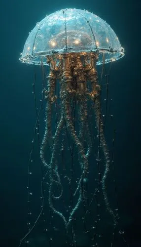 a metallic mechanical jellyfish with metallic tentacles arms, in the deep sea, with small led lights and cables, dramatic lighting, volumetric light, film, cinematic, cybernetic,an underwater jellyfis