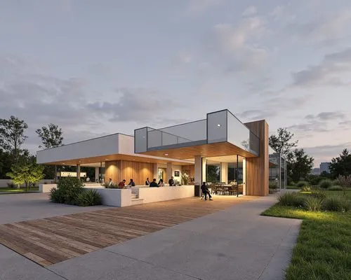 a small white building with a bunch of people outside,modern house,cubic house,cube house,modern architecture,modern kitchen,dunes house,cantilevers,snohetta,residential house,beautiful home